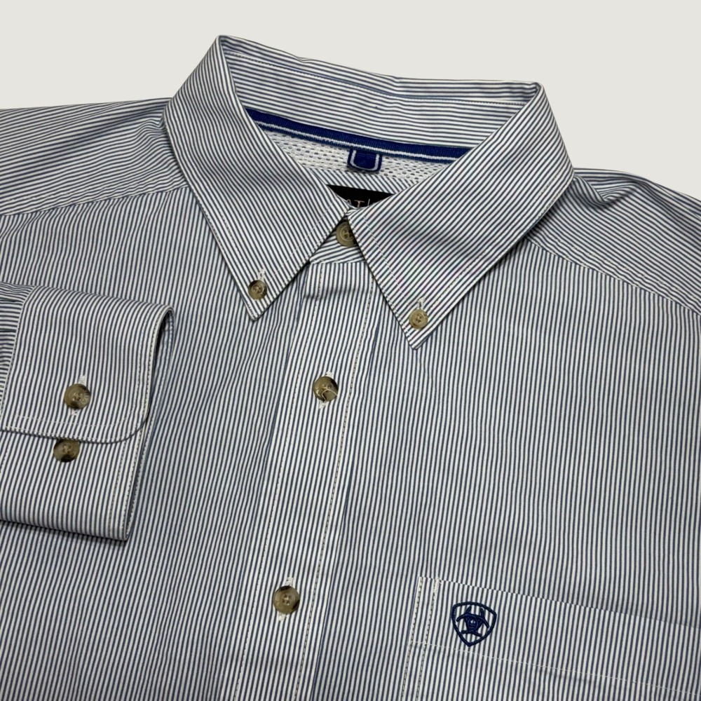 Ariat Pro Series Shirt Mens Large Blue White Stripe Long Sleeve Button Down Logo